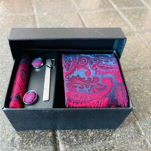 Men's Paisley Tie and Accessory Set - Burgundy & Navy